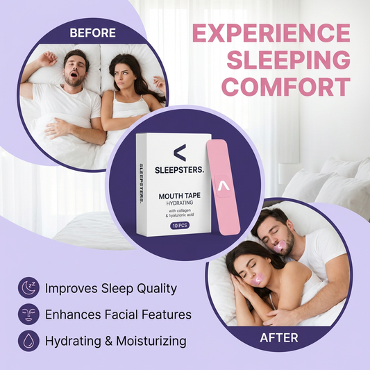 Before-and-after infographic: snoring couple then calm sleep with pink hydrating mouth tape