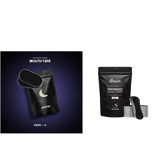 Split slide showing mouth tape pouch on starry night and black nasal strips pouch