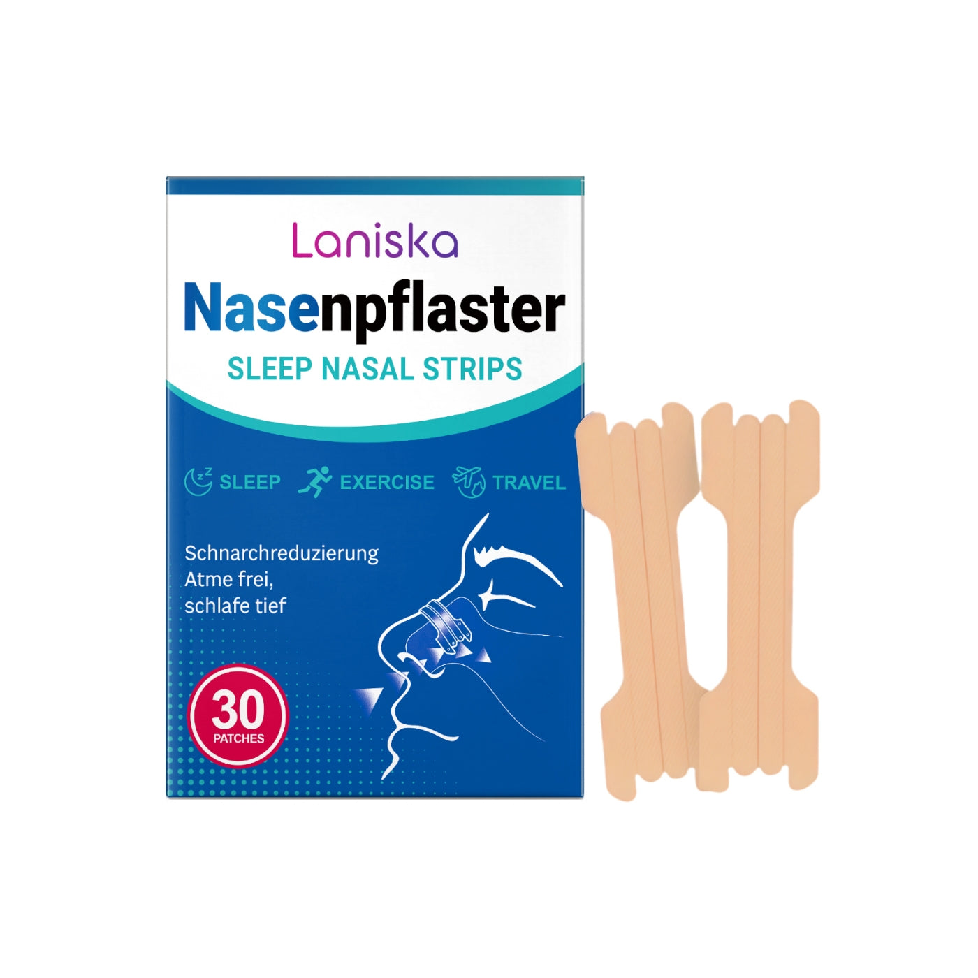 Blue Laniska nasal strips box beside two beige adhesive strips, 30-patch sleep pack
