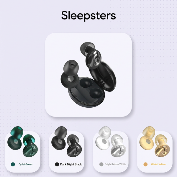Sleepsters acoustic earplugs in open case with four colour swatches: green, black, white, yellow