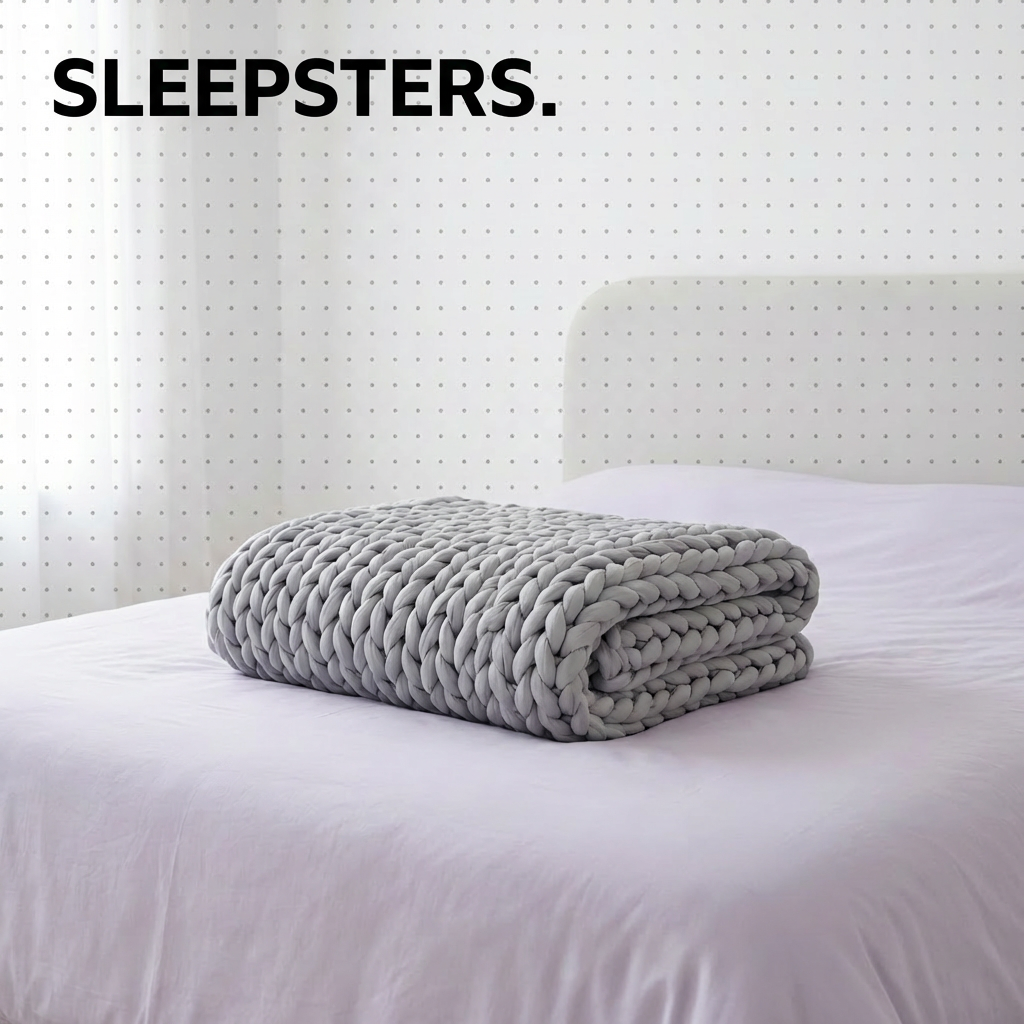 Grey chunky-knit Sleepsters weighted blanket folded on a white bed by a window