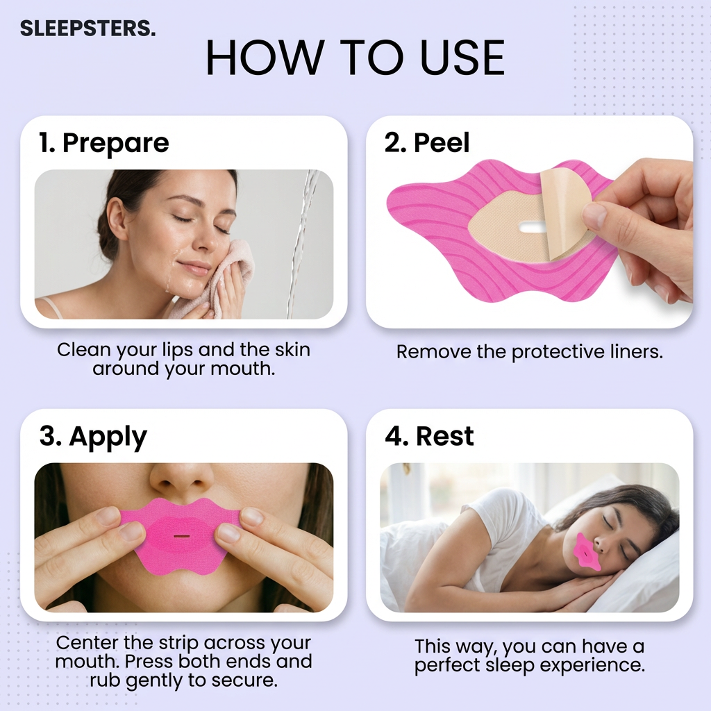 How-to-use infographic: prepare, peel, apply and rest steps for pink mouth tape