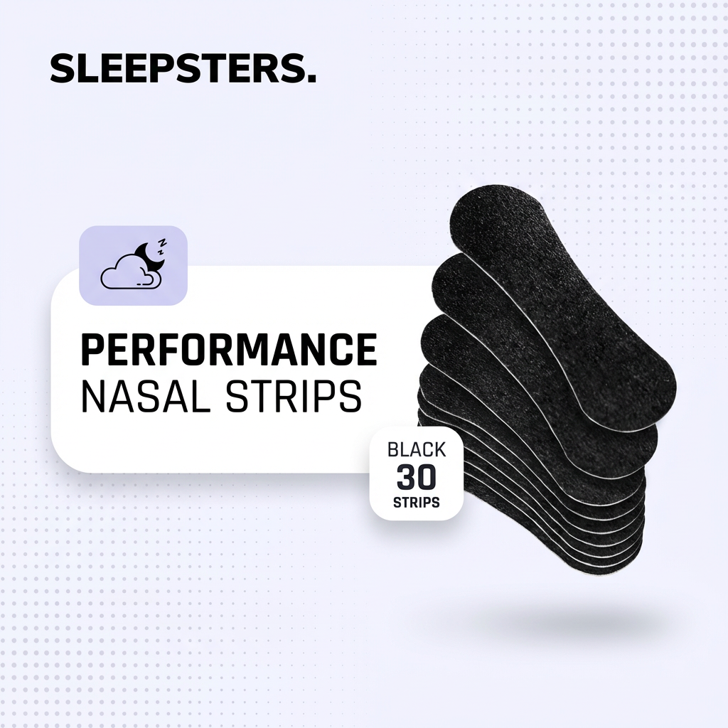 Sleepsters Performance Nasal Strips branded hero with fanned black strips, 30-pack