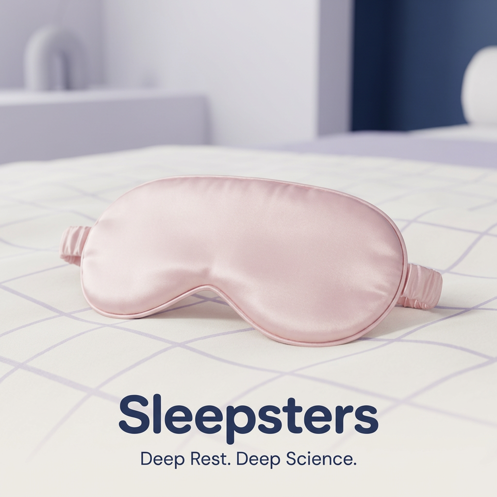 Pink silk Sleepsters sleep mask resting on a bed with Deep Rest branding